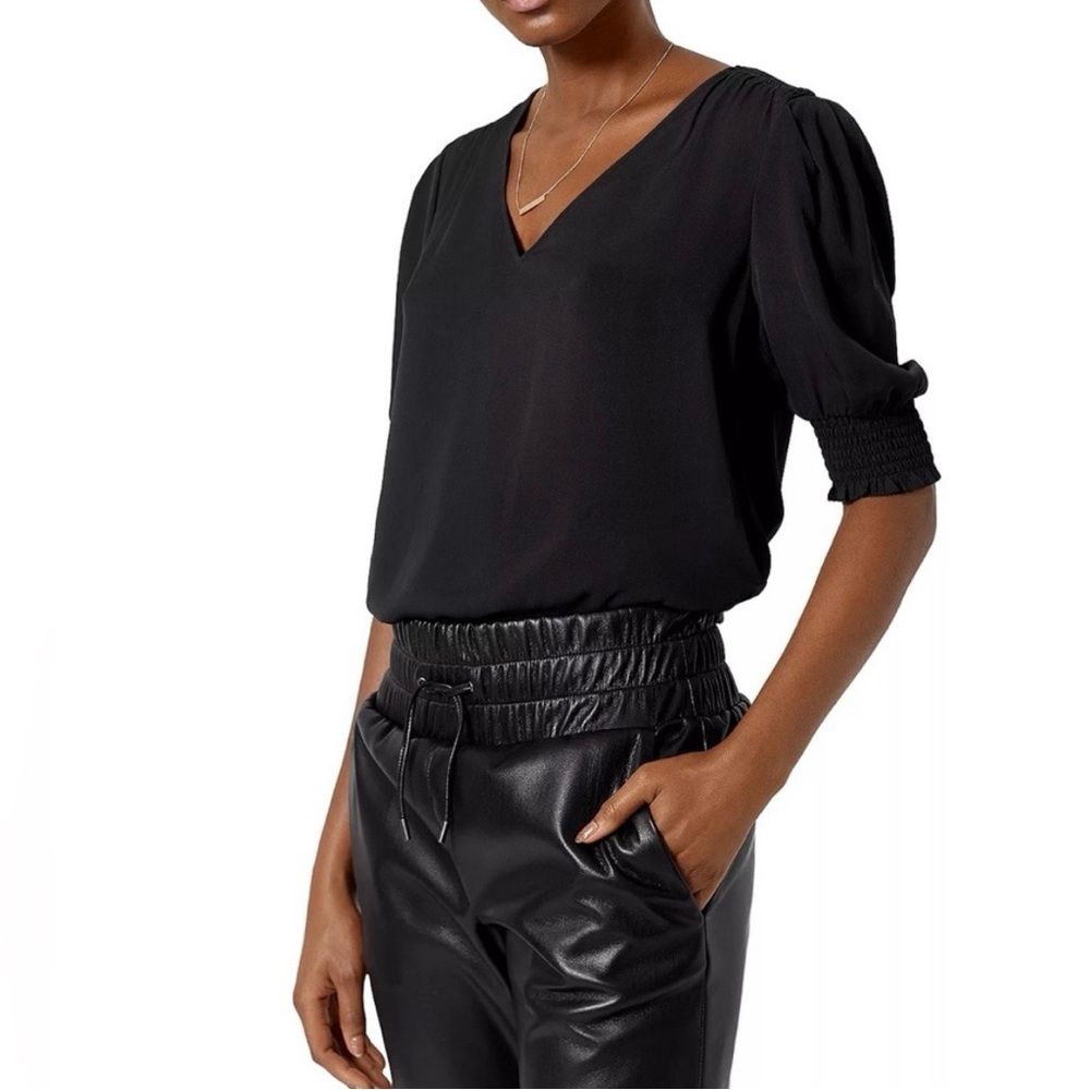 Joie Karamele Black V-Neck Puff Sleeve 100% Silk Relaxed Fit Blouse Size XS